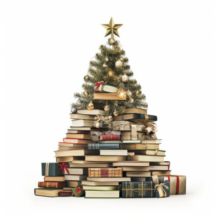 Pile of books and Christmas tree isolated on a white background.の素材