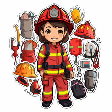 Cute little firefighter girl with tools. Vector cartoon character illustration.の素材
