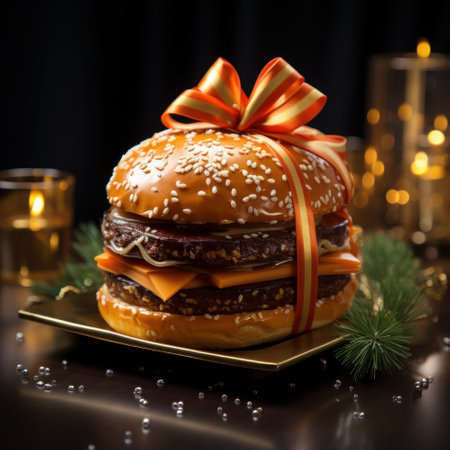 Hamburger with sesame seeds on a black background with candlesの素材