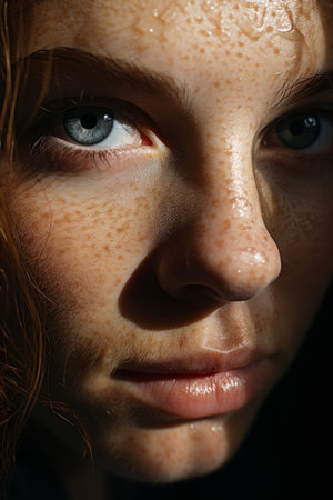 Close-up portrait of a beautiful young woman with frecklesの素材