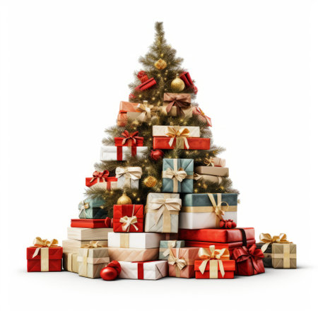 Christmas tree made of gifts isolated on white background. 3D illustration.の素材
