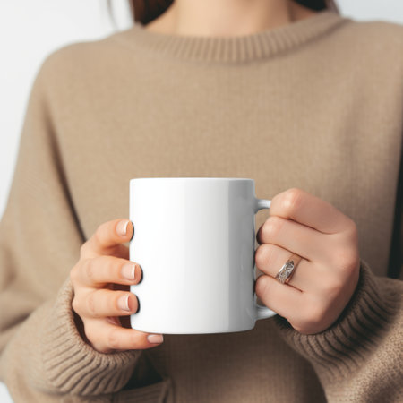 cropped view of woman in sweater holding cup of coffee isolated on grayの素材