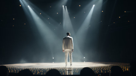 Rear view of man standing on stage and looking at spotlightsの素材