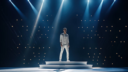Young man in suit standing on stage with spotlights. 3D renderingの素材