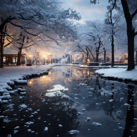Beautiful winter park at night with lanterns and frozen pond.の素材