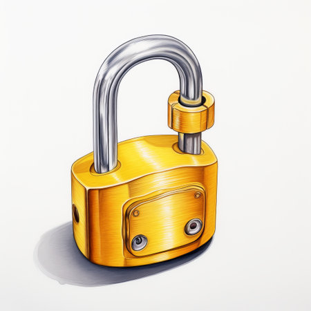 Golden padlock on a white background. 3d rendering. Computer digital drawing.の素材