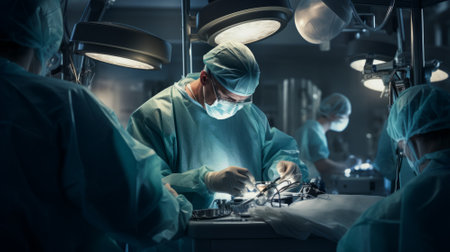 group of veterinarian surgery in operation room take with art lighting and blue filterの素材