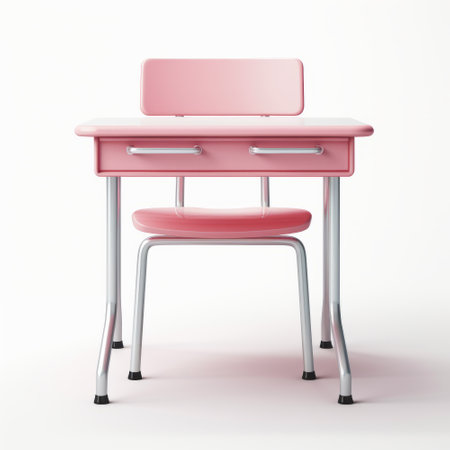 Pink school desk isolated on white background. 3D rendered illustration.の素材