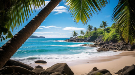 Tropical beach with palm trees and granite rocks, Seychellesの素材