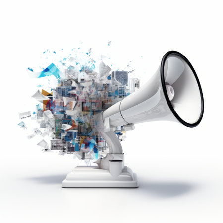Megaphone with abstract city on white background. 3D illustrationの素材