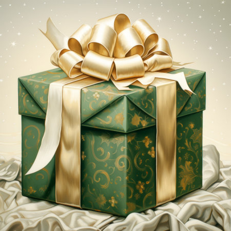 Gift box with golden bow on the background of snowflakesの素材