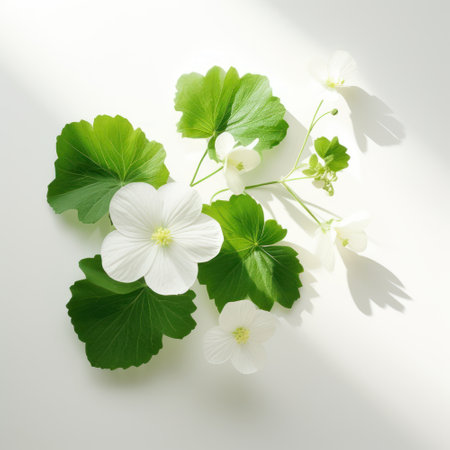 White flowers and leaves of wood sorrel on a white background.の素材