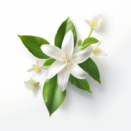 White jasmine flowers and green leaves isolated on white background.の素材