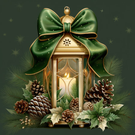 Christmas greeting card with Christmas lantern, pine cones and mistletoeの素材