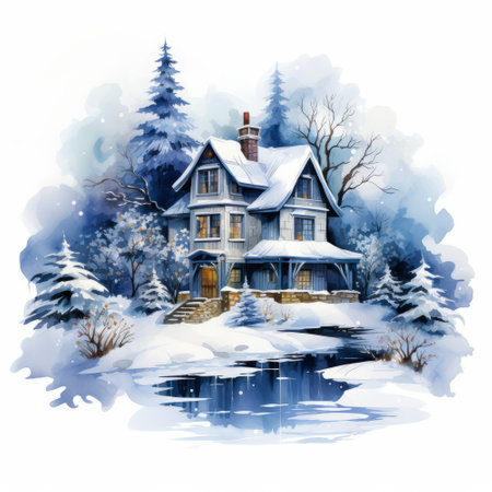 Winter landscape with a house in a snowy forest. Watercolor illustrationの素材