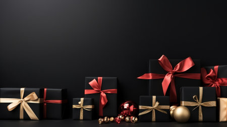 Black gift boxes with red ribbons and christmas balls on black background. 3D Renderingの素材