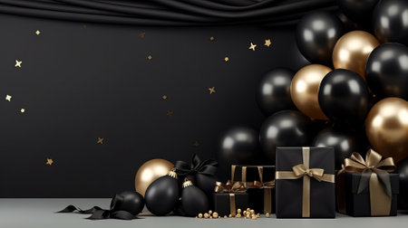 Black and gold christmas background with balloons, gift box and confetti. 3d renderingの素材