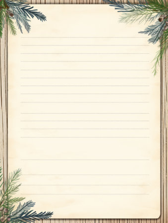 Blank sheet of paper with fir tree branches on wooden background.の素材