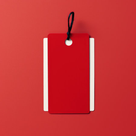 Blank red price tag isolated on red background. 3d renderingの素材