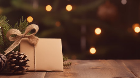 Gift box and christmas tree on wooden table with bokeh backgroundの素材