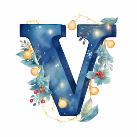 Winter letter V with Christmas decoration, watercolor illustration on white backgroundの素材