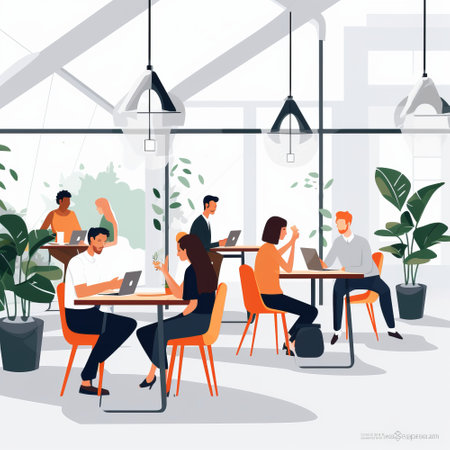 Group of young people sitting in a cafe and drinking coffee. Flat vector illustration.の素材