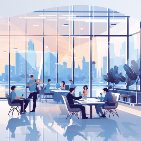 Business meeting in modern office interior, panoramic city view, vector illustration.の素材