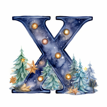 Winter letter X with Christmas trees, stars and snowflakes.の素材