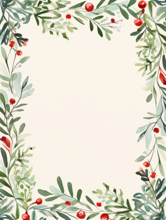 Watercolor Christmas background with branches and berries. Hand drawn illustration.の素材