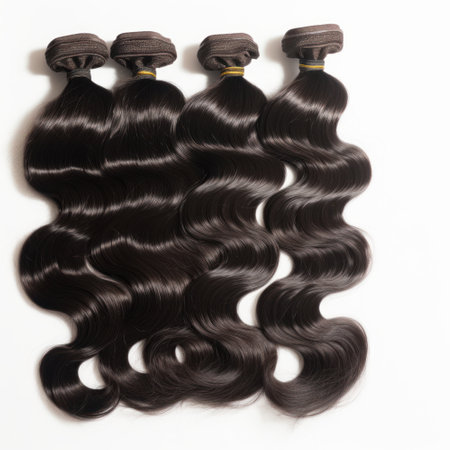 Curly black hair on white background. Top view, flat lay.の素材