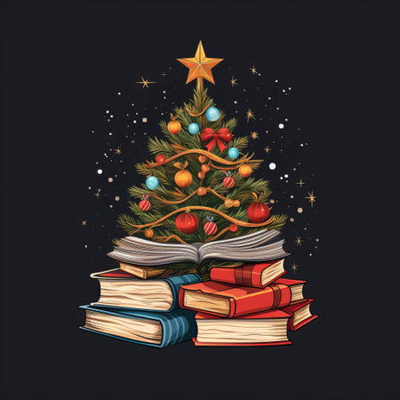 Pile of books and christmas tree. Vector illustration on black background.の素材