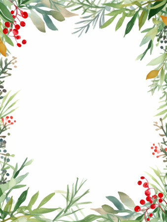 Watercolor christmas frame with leaves and berries. Hand painted illustration.の素材