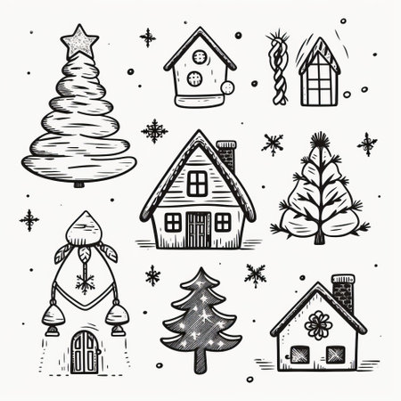 Christmas tree, house and snowflakes. Hand drawn vector illustration.の素材