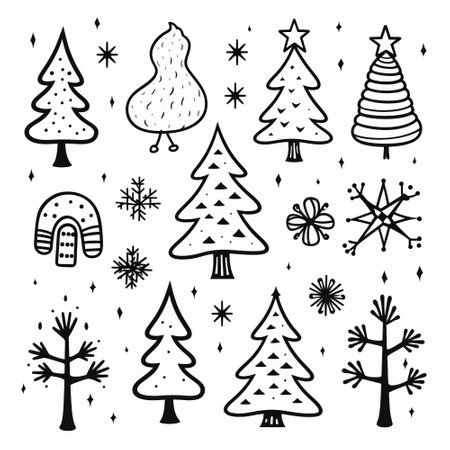 Set of hand drawn Christmas trees. Vector illustration isolated on white background.の素材