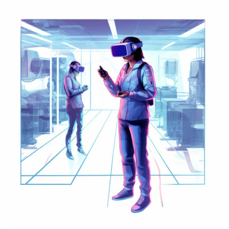 3D illustration of a woman wearing virtual reality glasses in the officeの素材