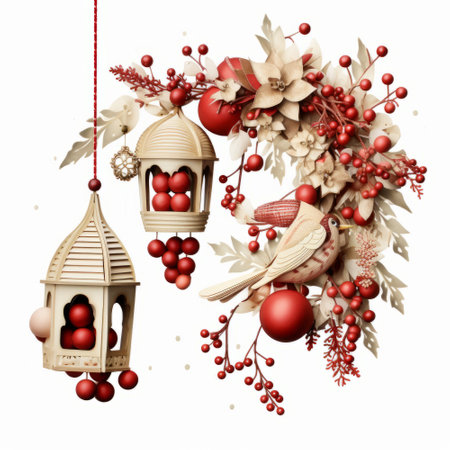 Christmas decoration with birds and birdcage isolated on white background.の素材