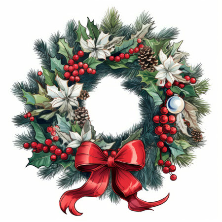 Christmas wreath with holly, poinsettia, ivy, mistletoe, pine cones and red bow. Vector illustration.の素材