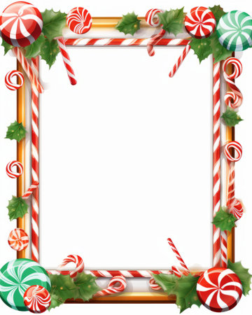 Christmas frame with candy canes and holly leaves on white backgroundの素材