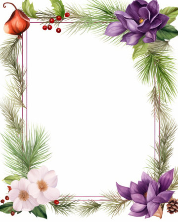 Christmas frame with snowflakes, pine branches and holly berryの素材