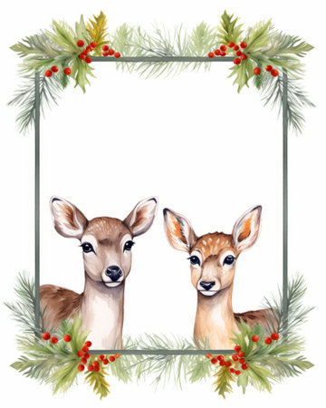 Two cute fawns in a frame with fir branches and berriesの素材