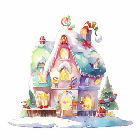 Watercolor christmas illustration. Hand drawn christmas house with santa claus hat and candies.の素材