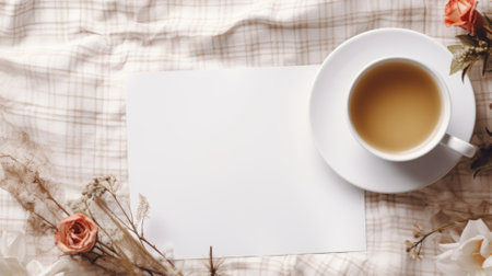 Cup of tea with blank paper sheet on checkered backgroundの素材