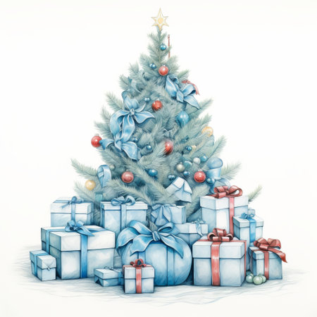 Christmas tree with gifts in blue and green colors on white background.の素材