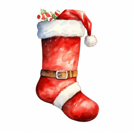 Watercolor christmas sock isolated on white background. hand drawn illustrationの素材