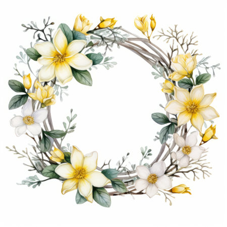 Watercolor floral wreath with yellow flowers and green leaves. Hand painted illustration isolated on white backgroundの素材