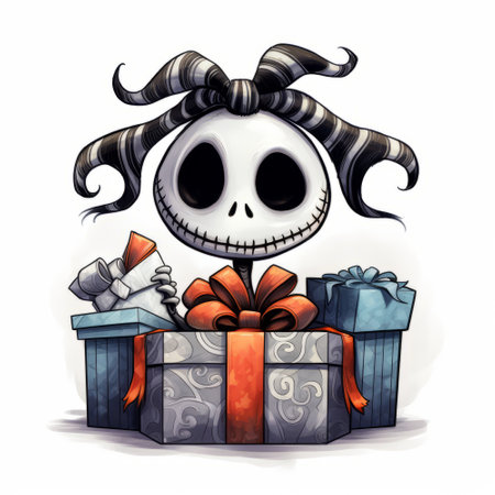 Illustration of a cartoon skull with a gift box on a white backgroundの素材