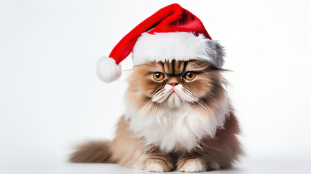 Persian cat in red christmas hat isolated on white background.の素材