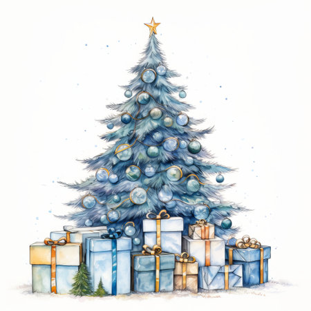 Christmas tree with gifts. Watercolor illustration isolated on white background.の素材