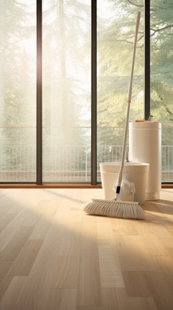 Cleaning the floor with a mop. 3d rendering.の素材