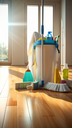 House cleaning tools on wooden floor in room. Housework concept.の素材